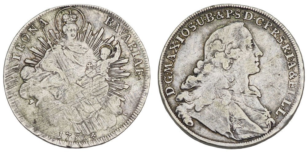 GERMANY 1 thaler 1756 / Bavaria / Madonna Thaler / Silver / VF-
