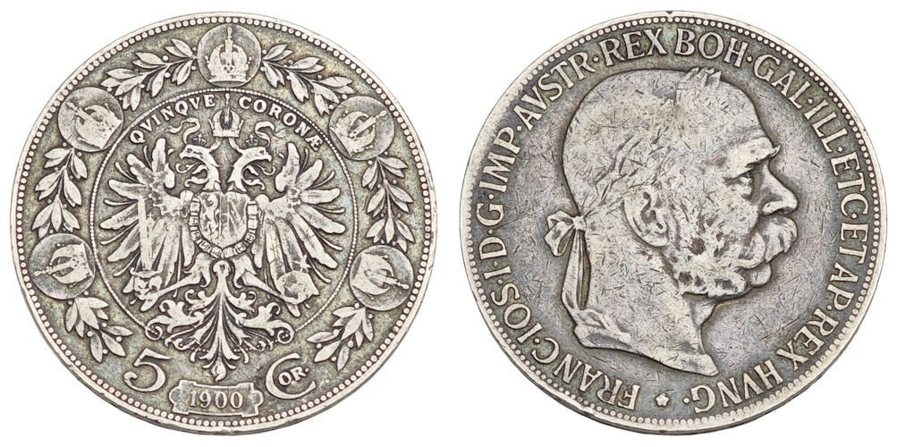 AUSTRIA 5 coronae 1900 / Franz Joseph I / Silver / VF