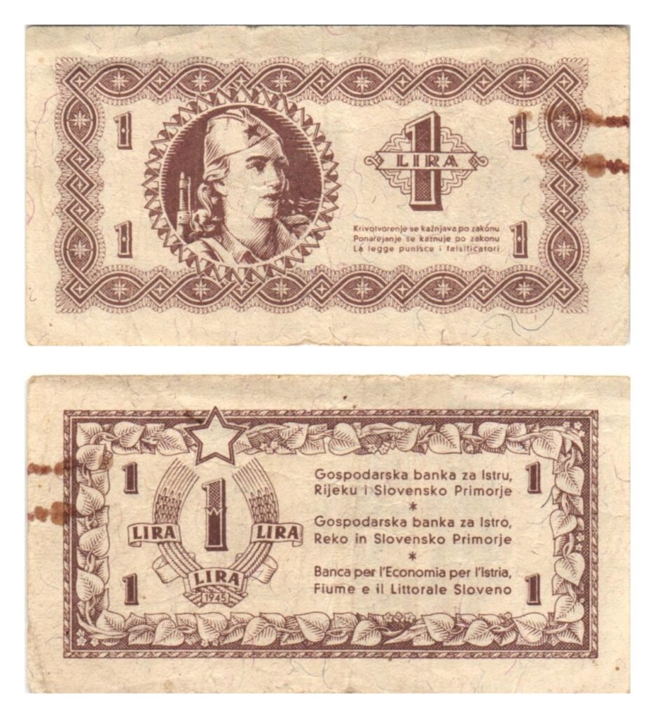 YUGOSLAVIA 1 lira 1945 / Banco de Economía para Istria, Rijeka y el Litoral Esloveno / MBC-