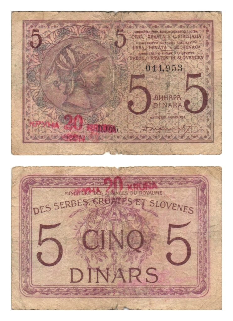 YUGOSLAVIA 5 dinares 1919 / Con sobreimpresión 20 KRUNA / F