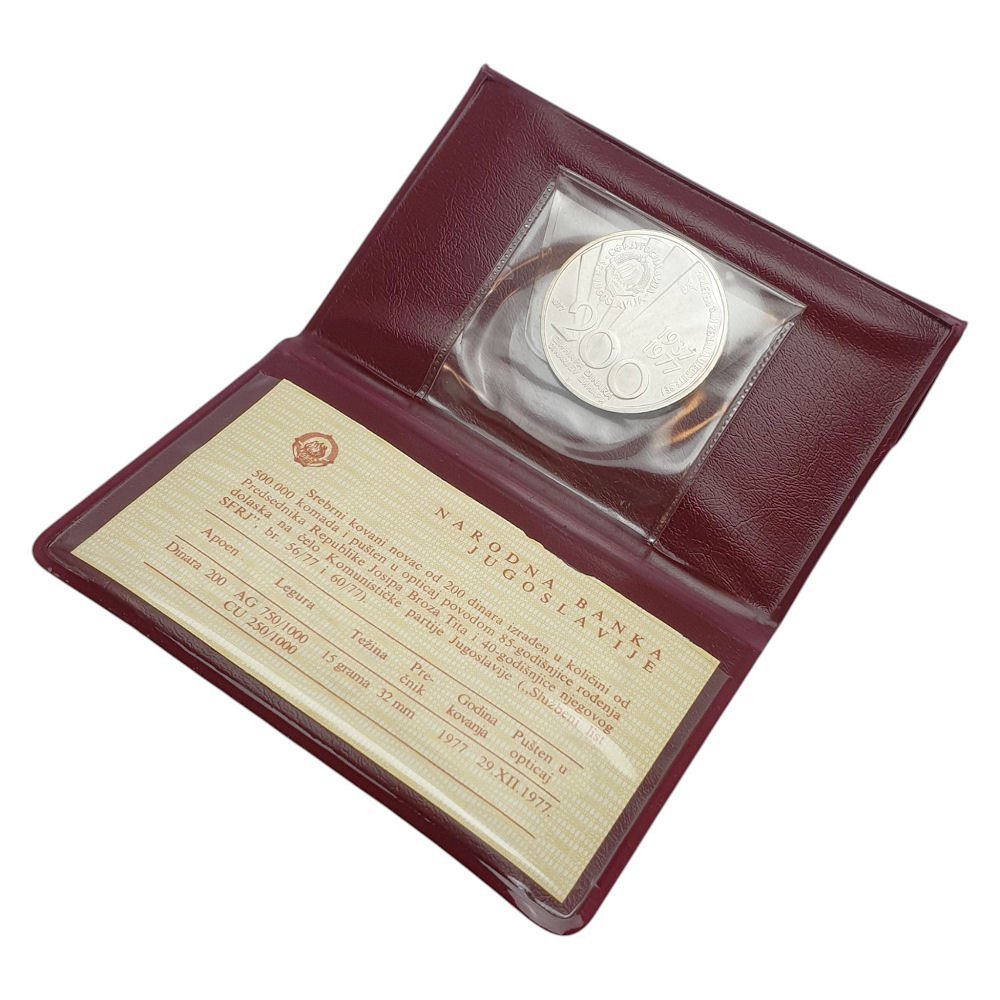 YUGOSLAVIA 200 dinara 1977 / Josip Broz Tito / Silver / in red wallet Proof