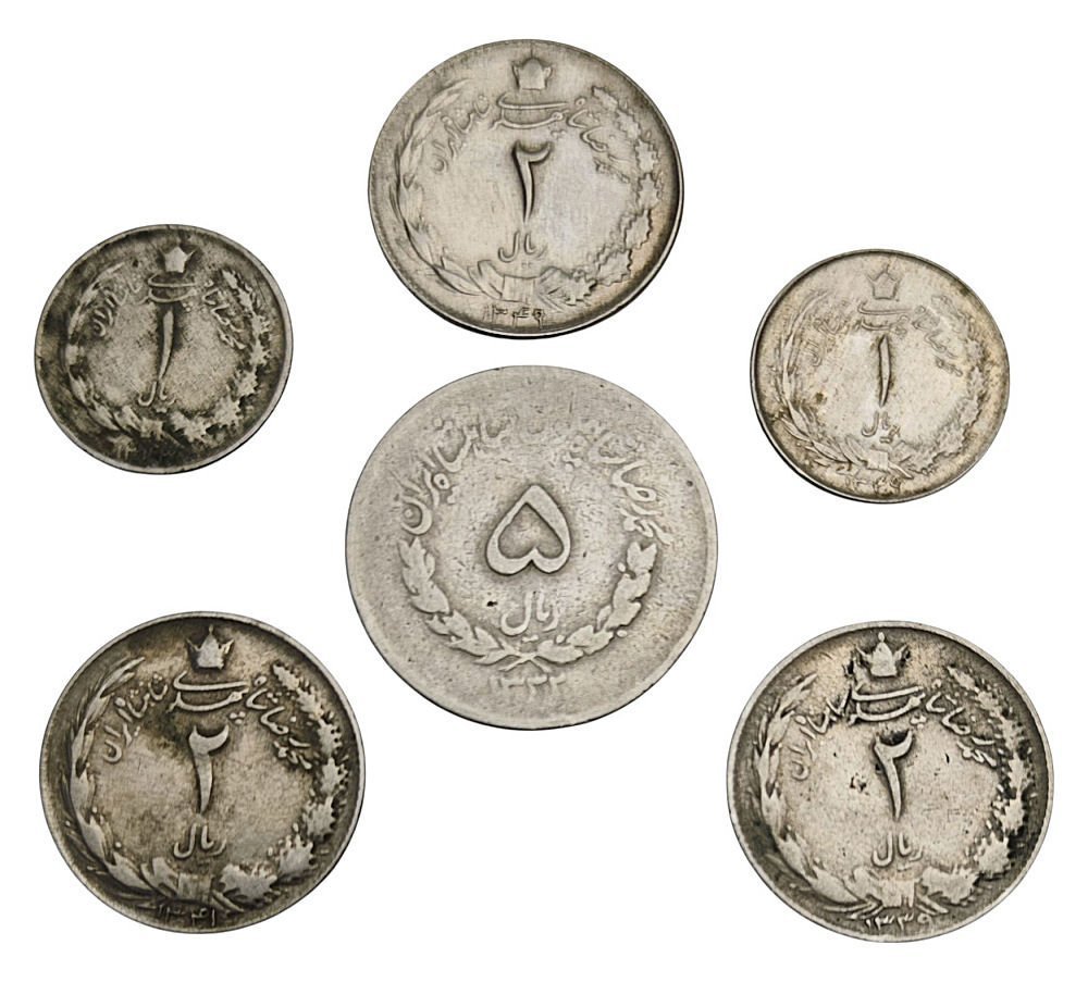 IRAN 1, 2 and 5 rial / mixed years / 6 pcs. coins lot