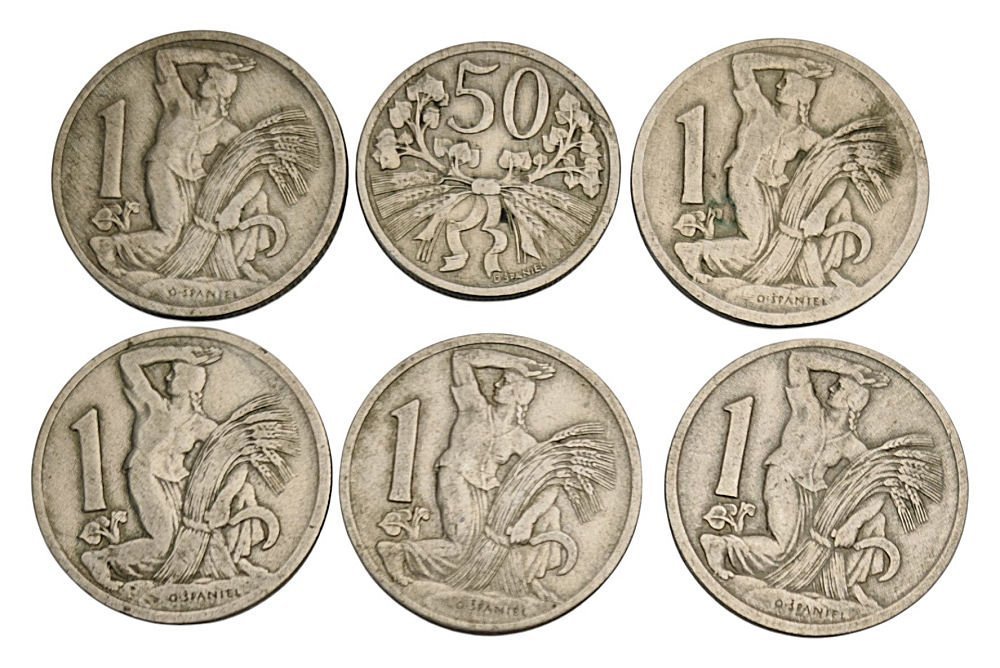 CHIECHOSLOVAKIAS 50 halerú y 1 corona / años mixtos / lote de 6 monedas