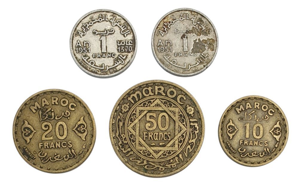 MOROCCO 1, 10, 20 and 50 francs / 5 pcs. coins lot