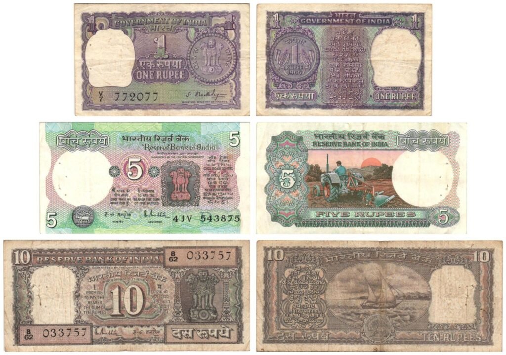 Lote de billetes de la India de 1, 5 y 10 rupias de varias fechas / 3 piezas.