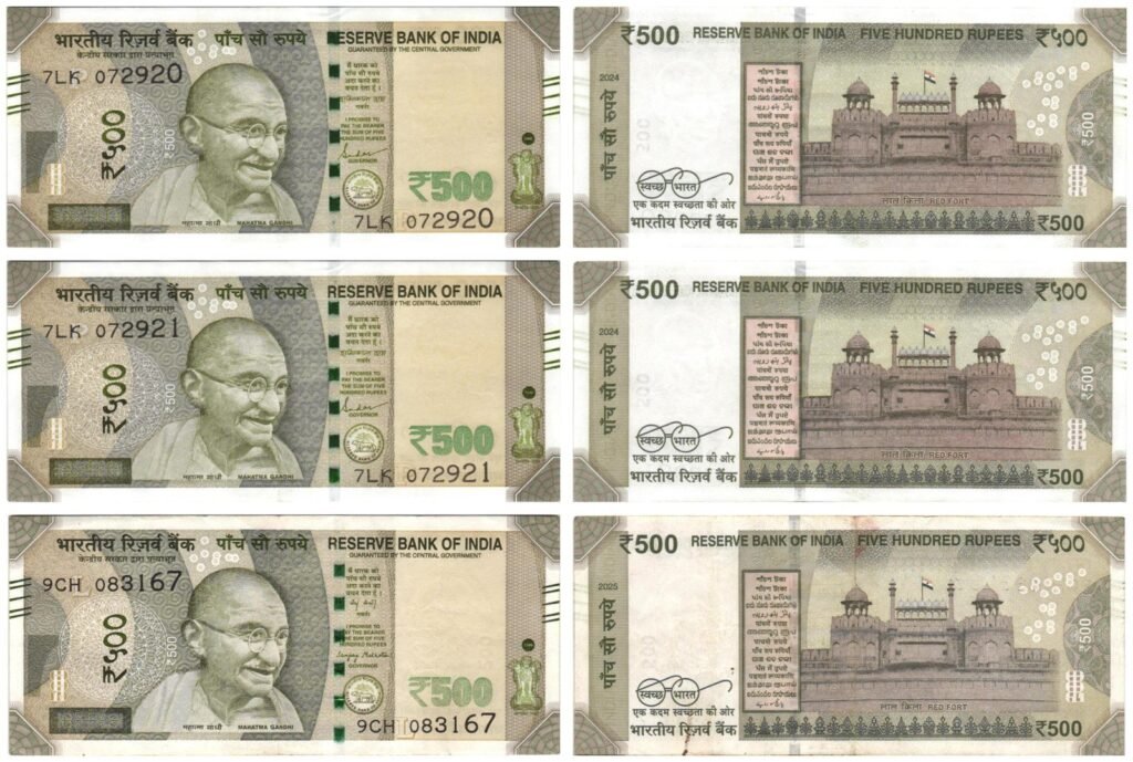 Lote de 3 billetes de 500 rupias de la India de varias fechas.