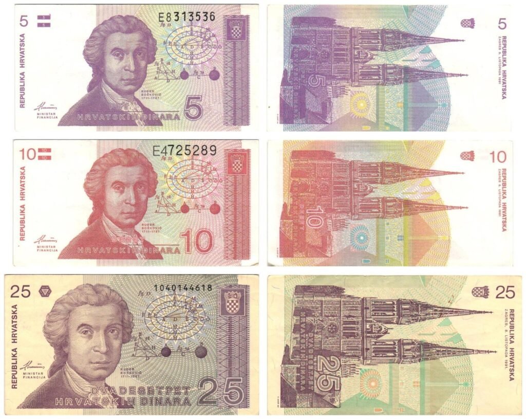 Lote de 3 billetes de CROACIA de 5, 10 y 25 hrvatskih dinara de 1991.