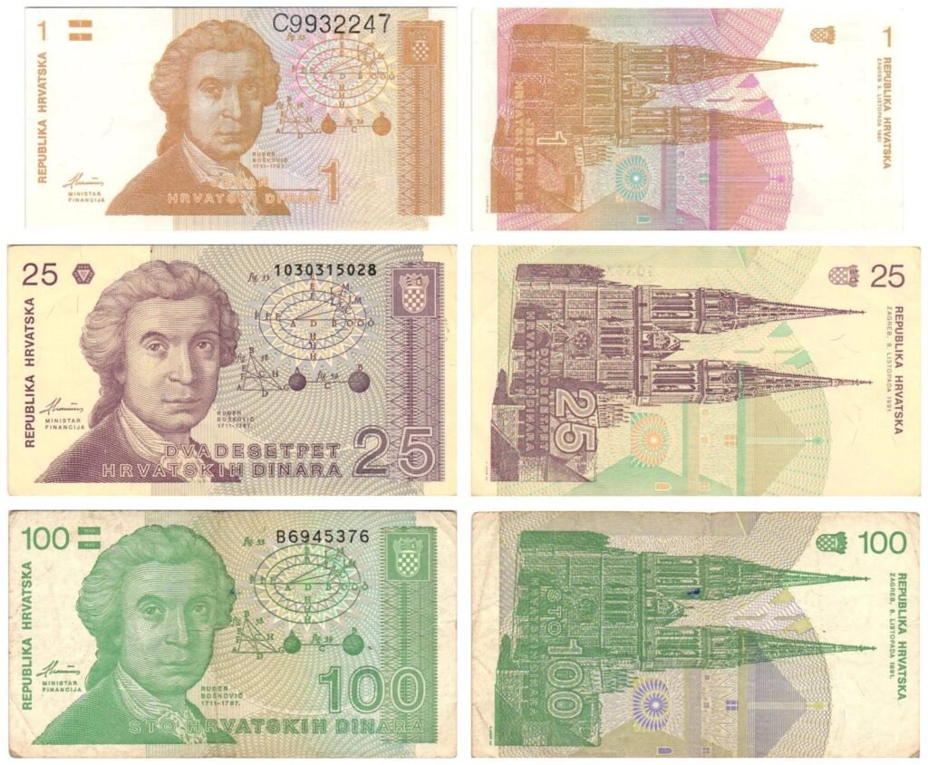 Lote de 3 billetes de CROACIA de 1, 25 y 100 hrvatskih dinara de 1991.