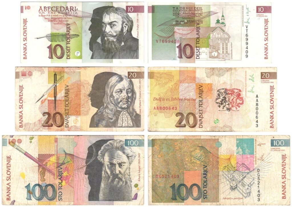 Lote de 3 billetes de Eslovenia de 10, 20 y 100 tolarjev de 1992.