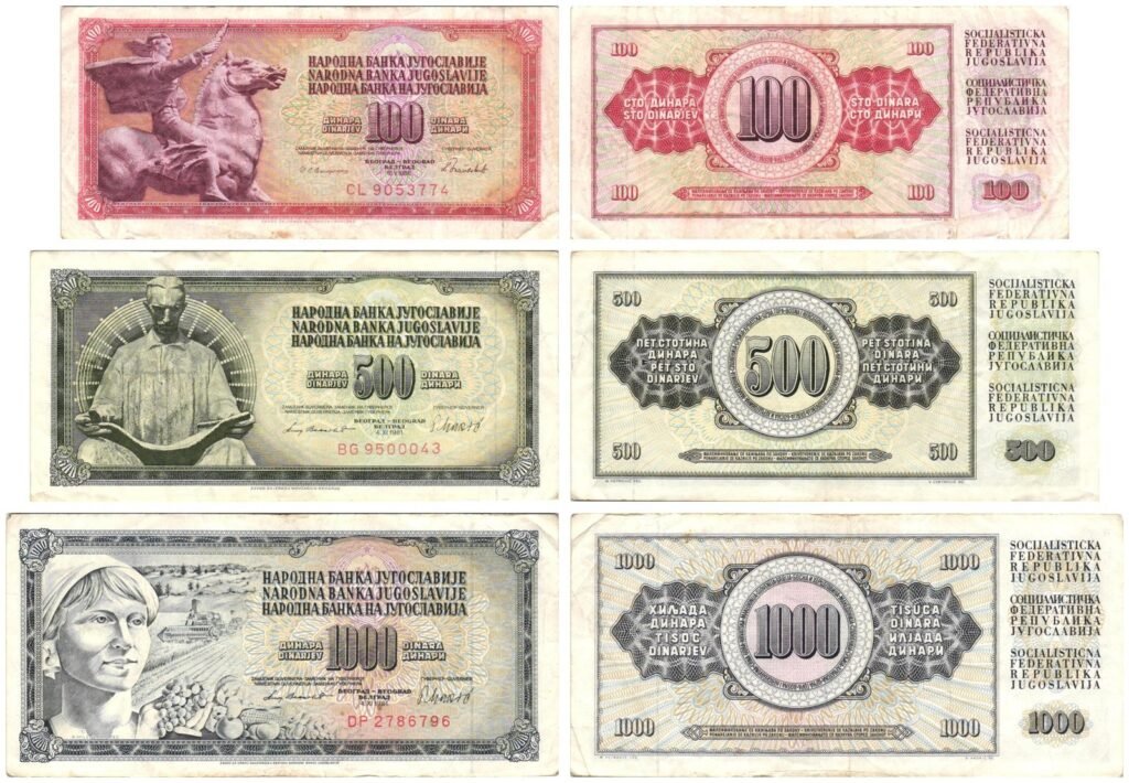 YUGOSLAVIA 100, 500 and 1000 dinara various dates banknotes lot / 3 pcs.