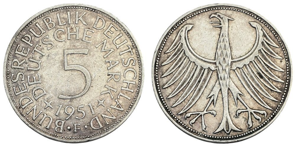 NEMČIJA 5 marke 1951F / Srebro