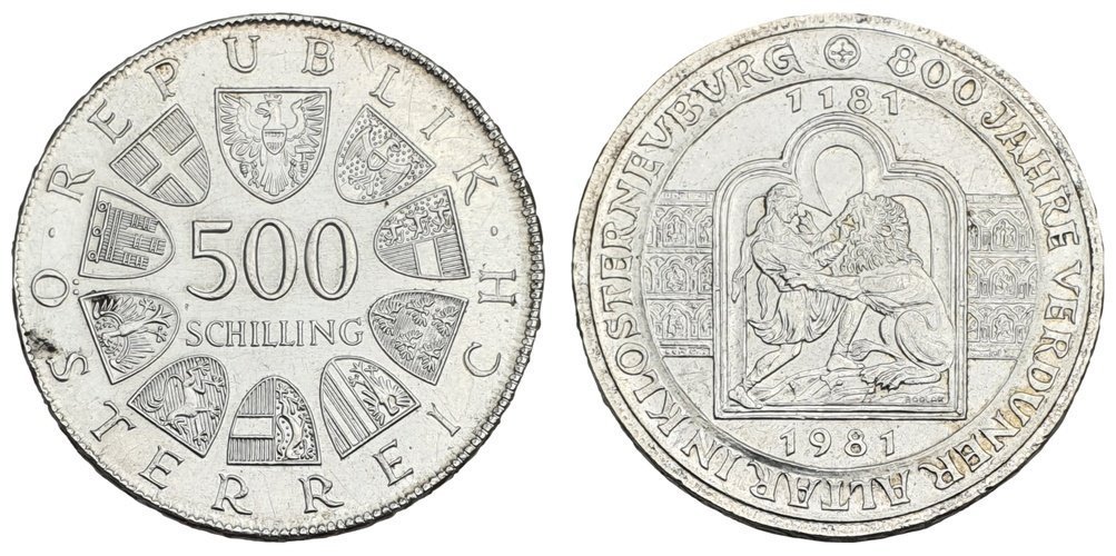 AUSTRIA 500 schillinga 1981 / 800 godina od ulaska Vremena Vlaka u Klosterneuburg / Srebro