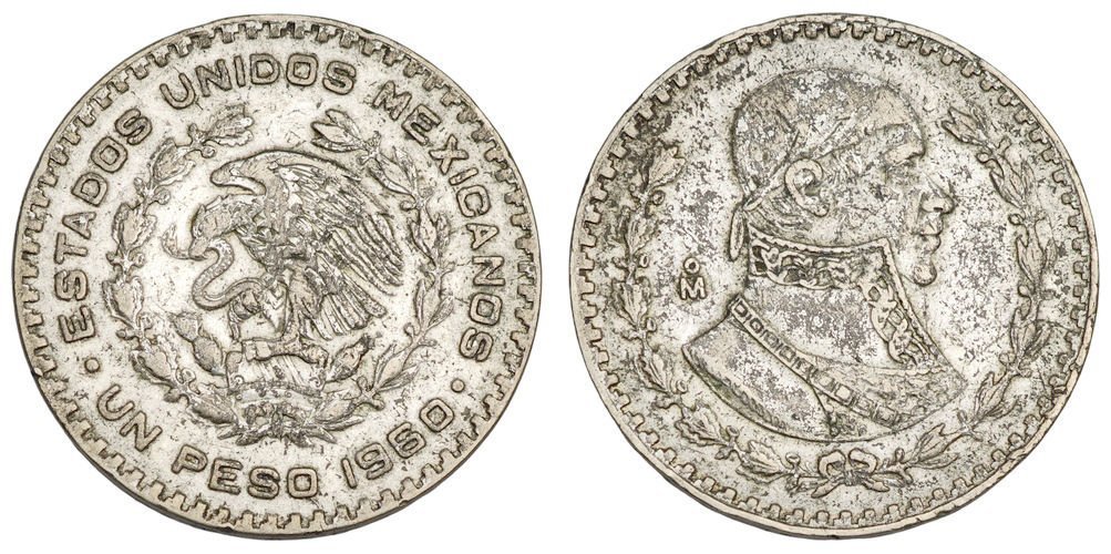 MEXICO 1 peso 1960 / Silver / VF