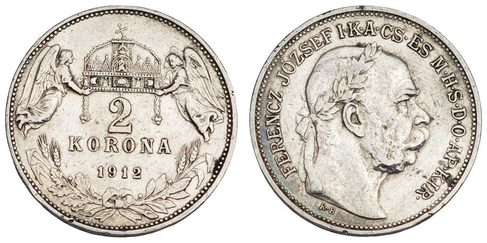 HUNGARY 2 korona 1912 / Silver / VF