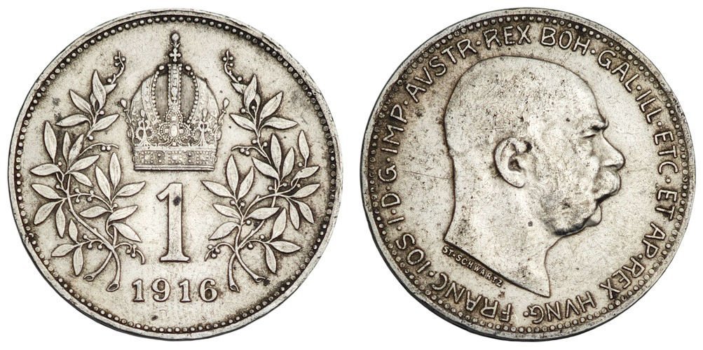 AUSTRIA 1 corona 1916 / Srebro / VF