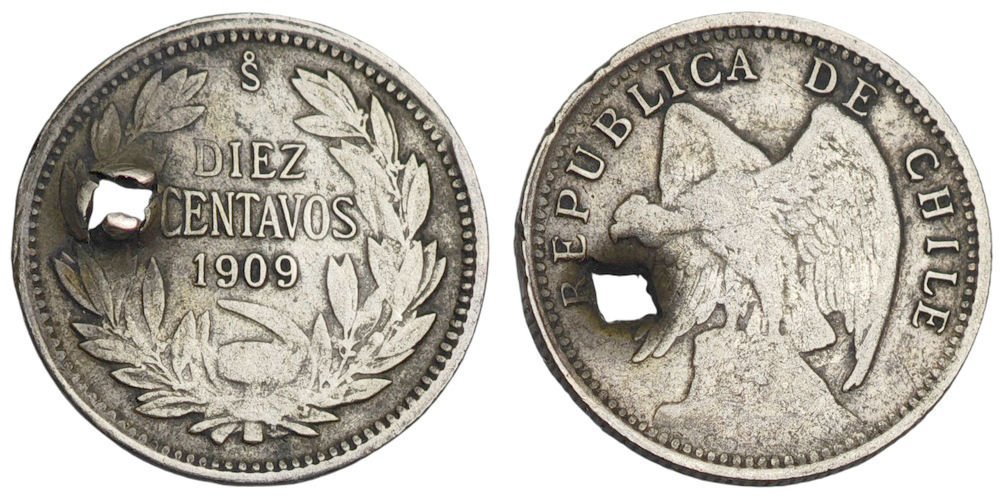 ČILE 10 centavos 1909 / Srebro / pukotina / VG
