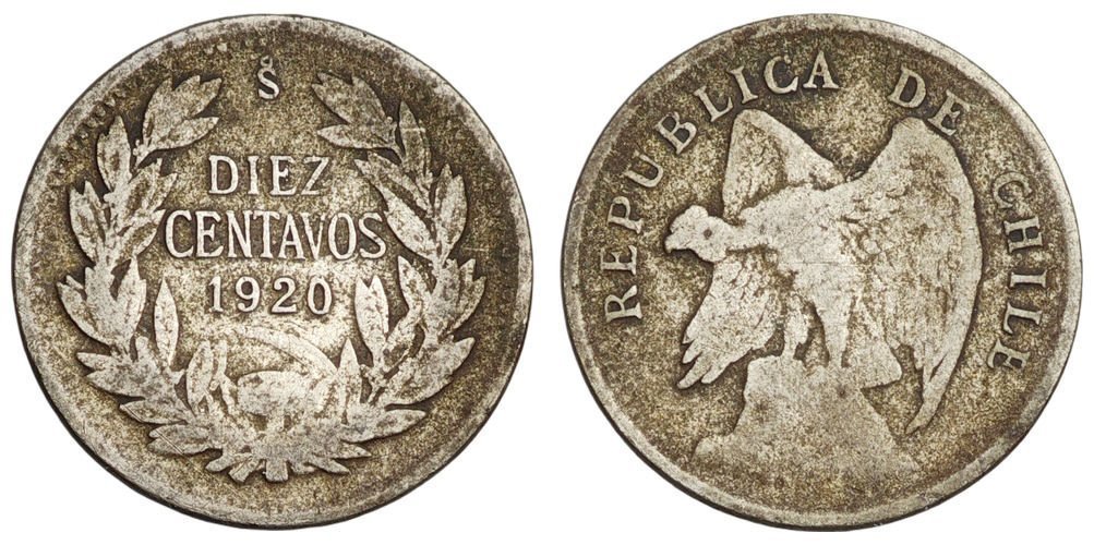 ČILE 10 centavos 1920 / Srebro / F