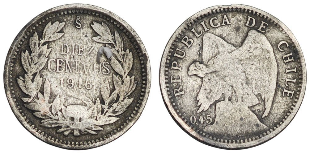 ČILE 10 centavos 1916 / Srebro / F
