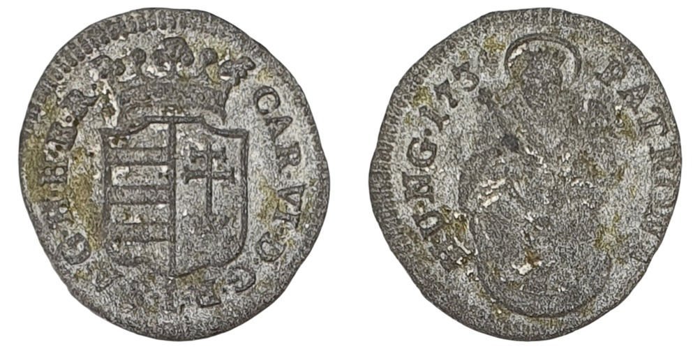 HUNGFARSKA 1 denar 1734 / Karlo III. / Bez znaka za blago / Srebro / VF-